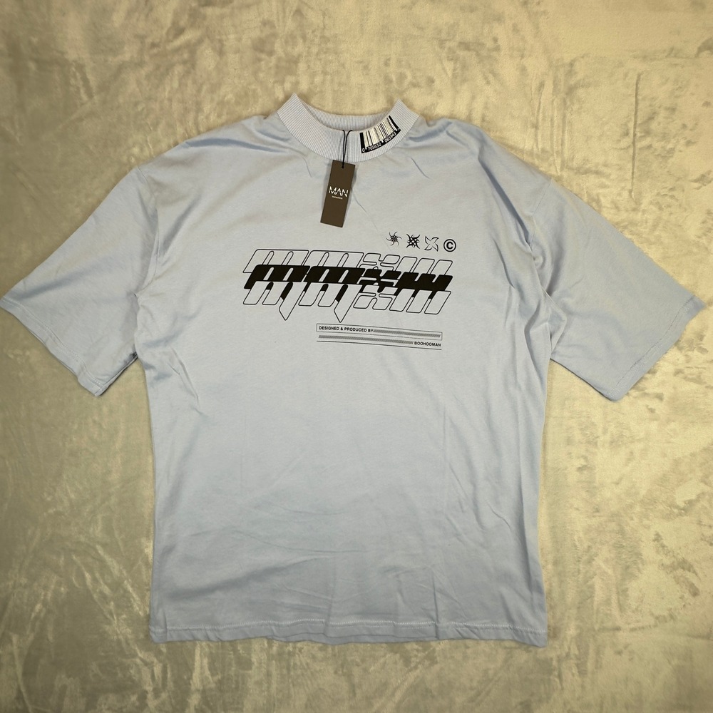 boohooMAN Oversized Photographic Print T-shirt Small Dusty‎ Blue Cotton New